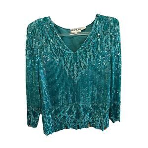 Vintage SCALA Milano Paris LA Teal Turquoise Sequin Beaded Top Blouse Lined PS